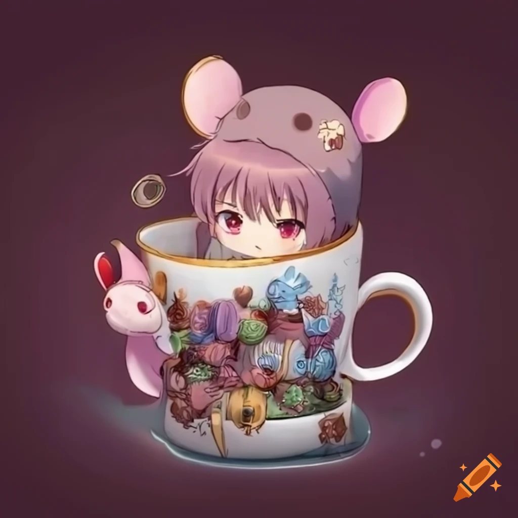 Anime mouse girl peeking from behind a giant teacup