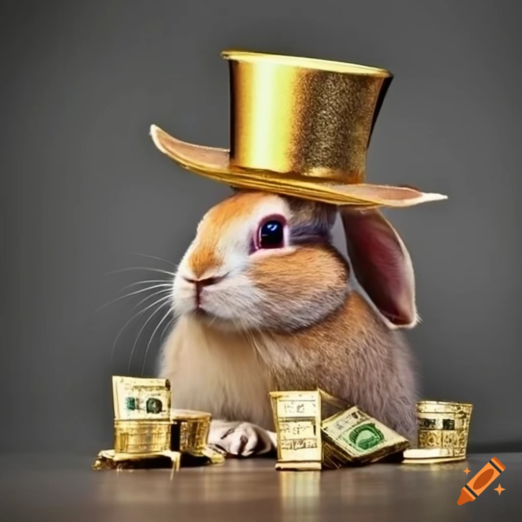 Rabbit with money and a gold top hat on Craiyon