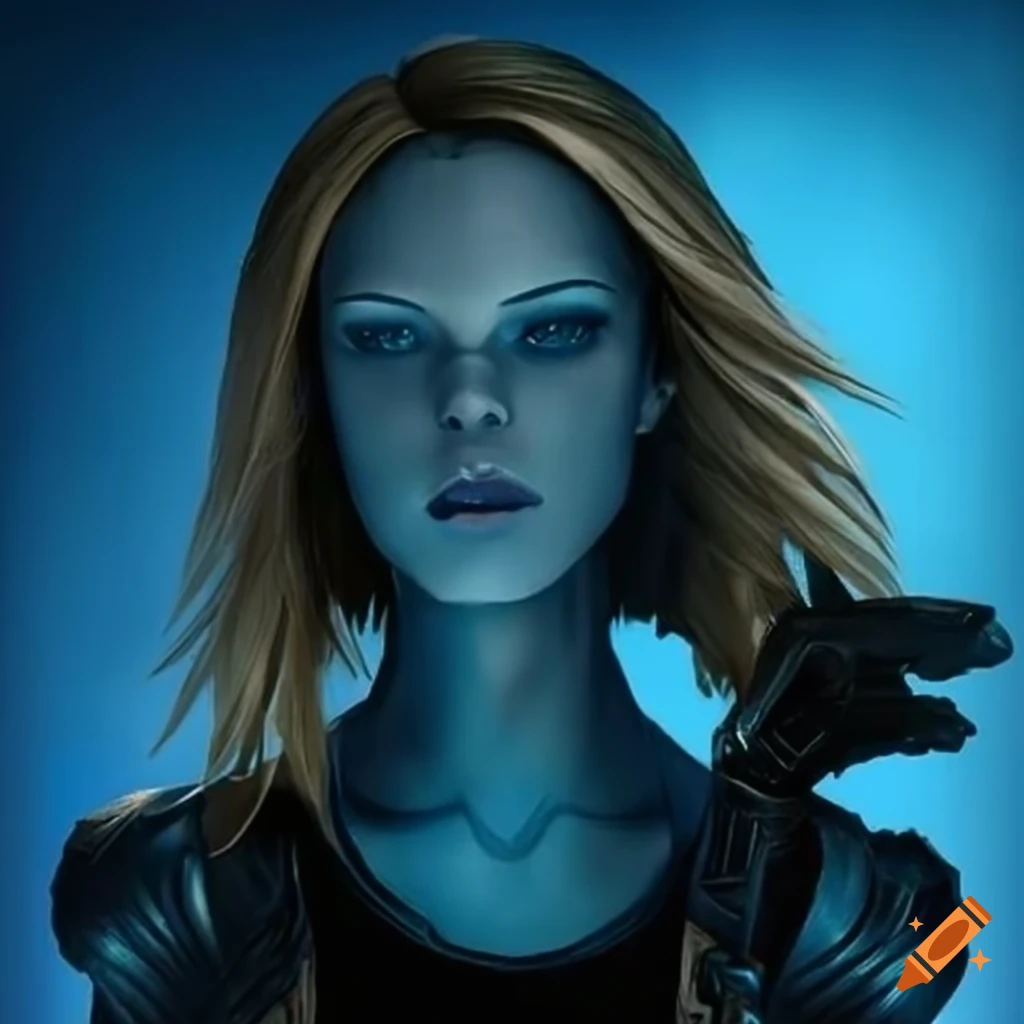 Sci-fi android with blue skin and blonde hair on Craiyon