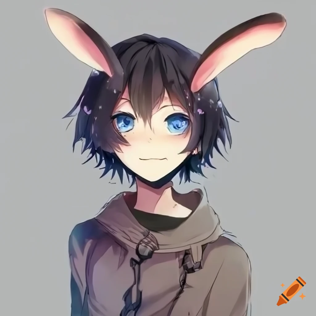 Anime rabbit fem-boy with black hair and blue eyes