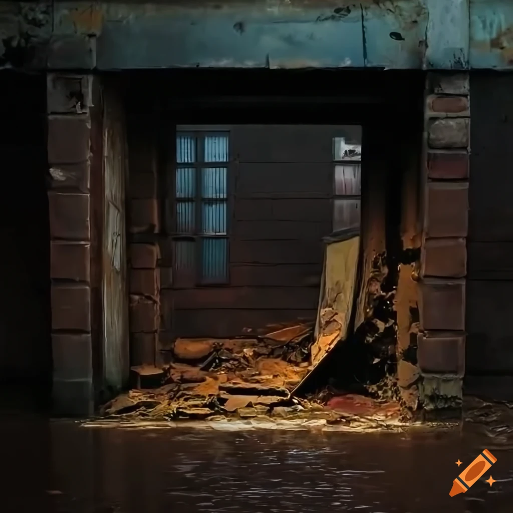 Destroyed couch in flooded brick doorway with sinking buildings in golden-orange fog