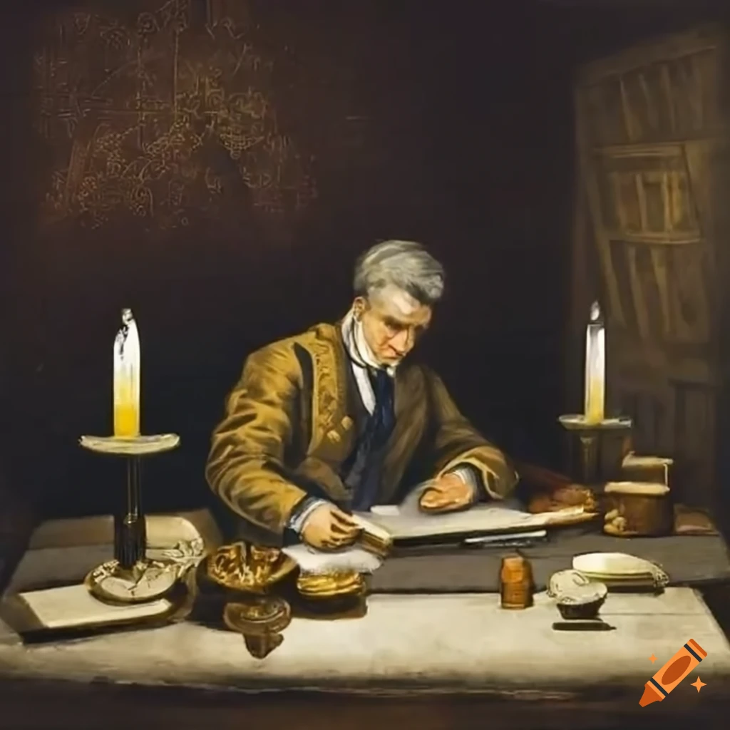 Antique scene of a seasoned detective sorting documents in candlelit study
