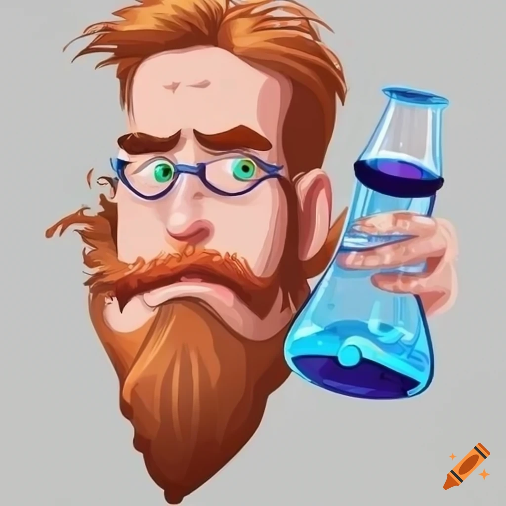 Happy scientist with a beard drinking water in a cartoon style