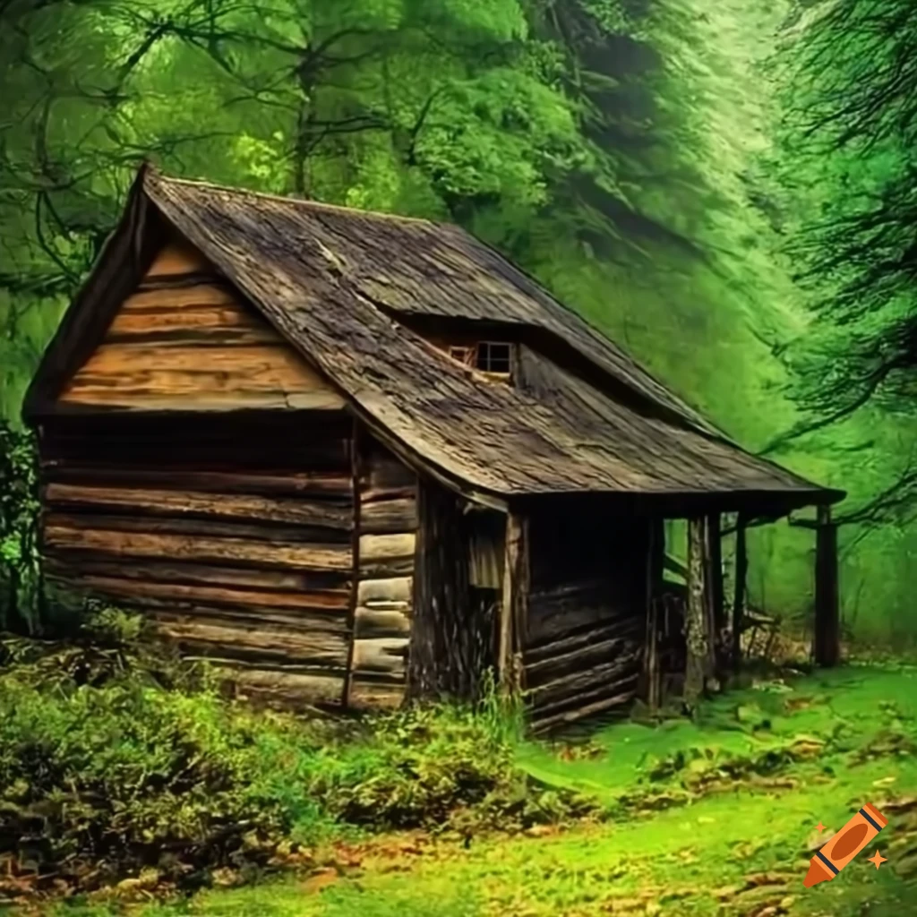 Quaint old wood cabin in the heart of a lush green forest on Craiyon