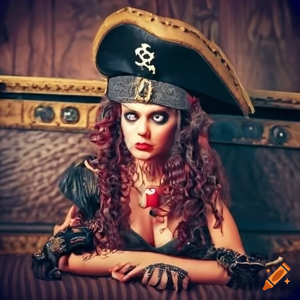 Female pirate posing in a treasure chest