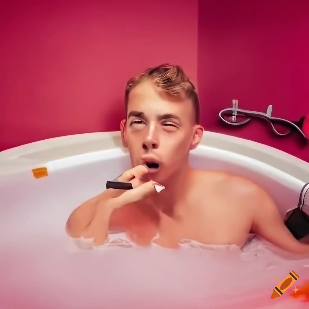 Young man in a pink swimsuit relaxing in a jacuzzi with city skyline view