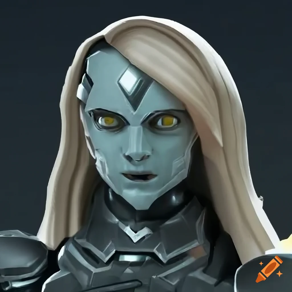 Sci-fi android with blue skin and blonde hair on Craiyon
