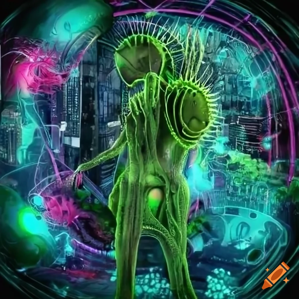 Biopunk Venus flytrap creature in a moss-covered cityscape with cybernetic medical technology