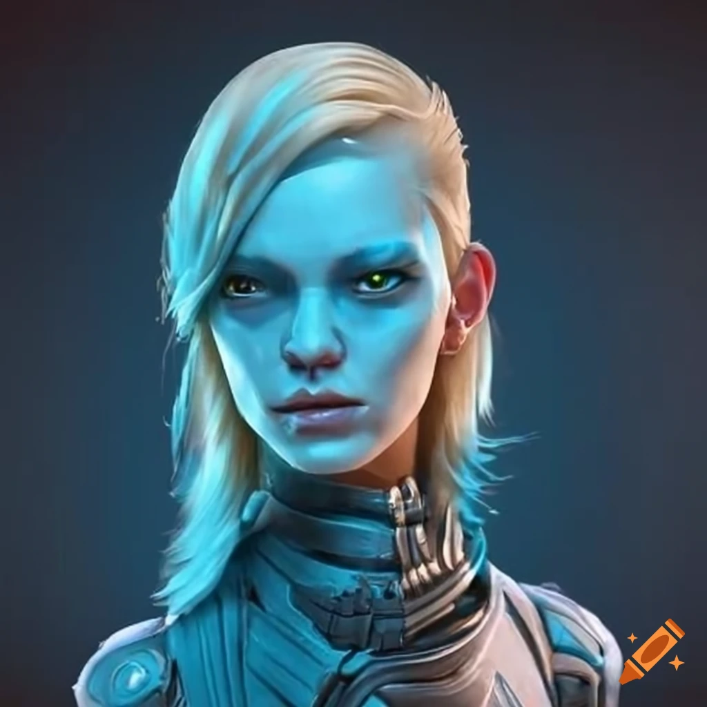 Sci-fi android with blue skin and blonde hair on Craiyon
