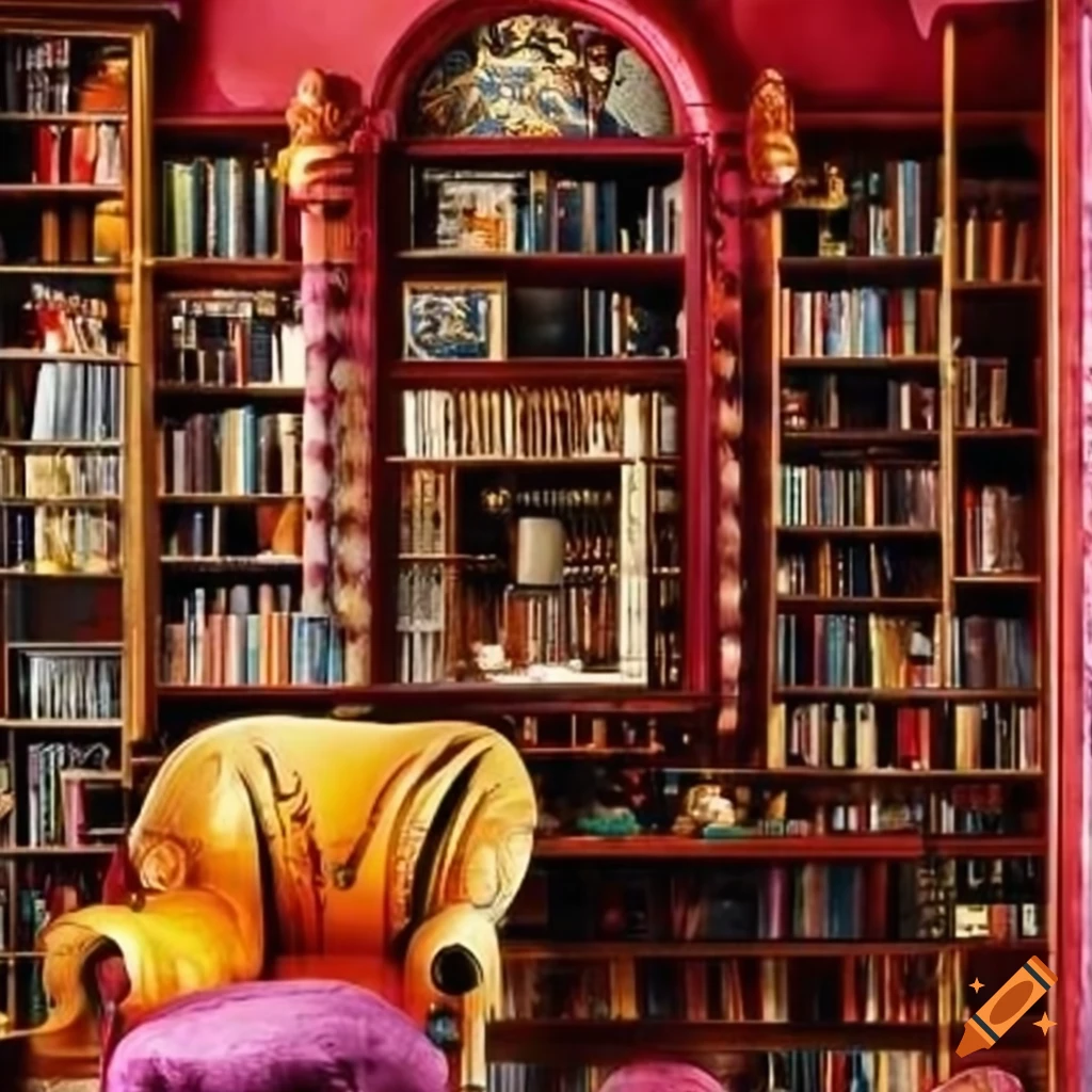 Eclectic maximalist bookshelf displaying diverse genres and artistic