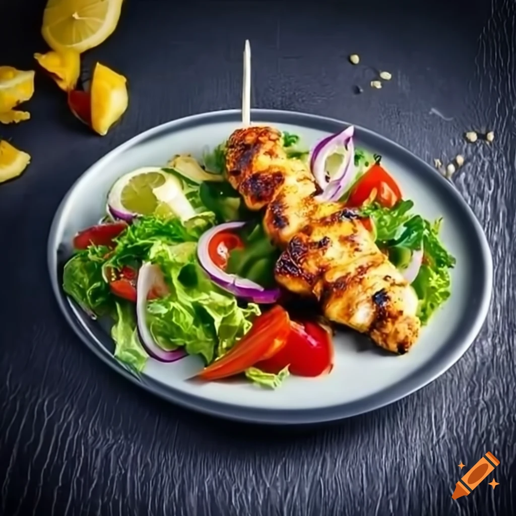 Chicken shashliki with fresh salad and lemon sauce