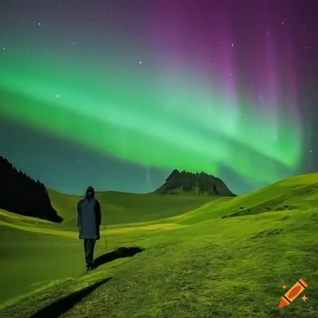 Silhouette of a man with the Aurora Borealis over green hills