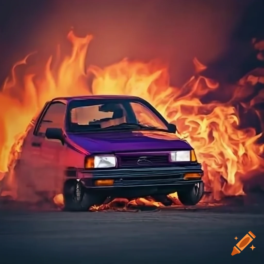 Ford Festiva doing a ramp jump surrounded by fire with the message 'Ford Festivas never die'