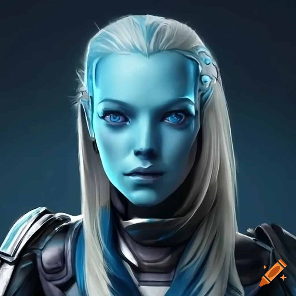 Sci-fi android with blue skin and blonde hair on Craiyon