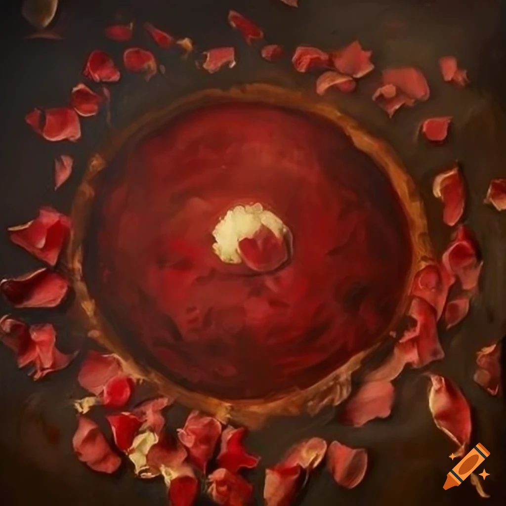 Dark red oil painting of a dirt circle in sunlight with dead rose