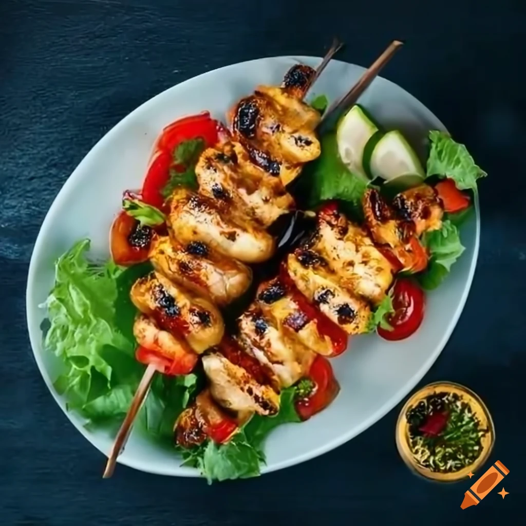 Chicken shashliki with fresh salad and lemon sauce