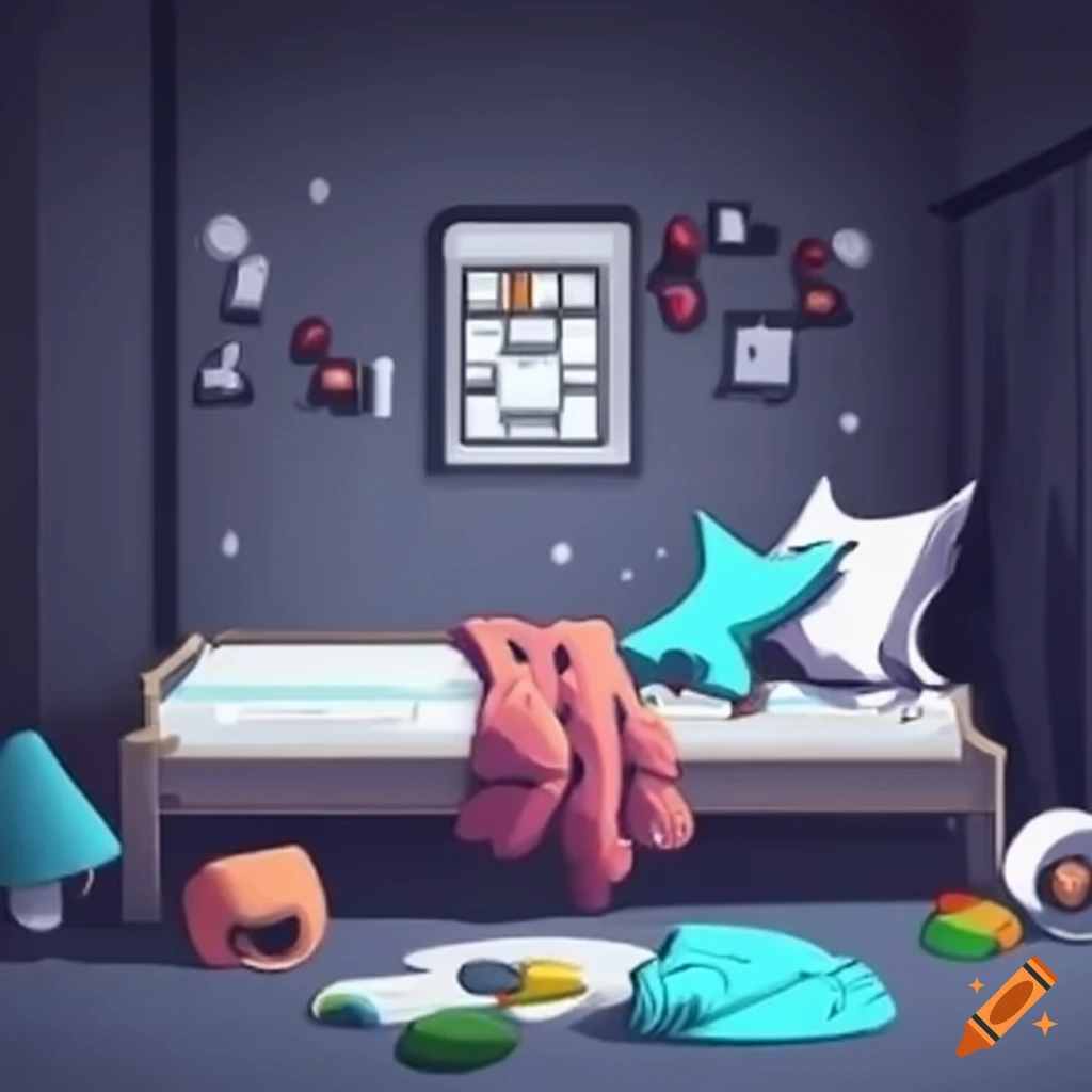 Messy boy child bedroom with toys scattered on the floor in a cartoon ...