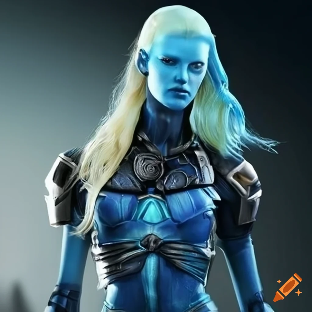 Sci-fi android with blue skin and blonde hair on Craiyon