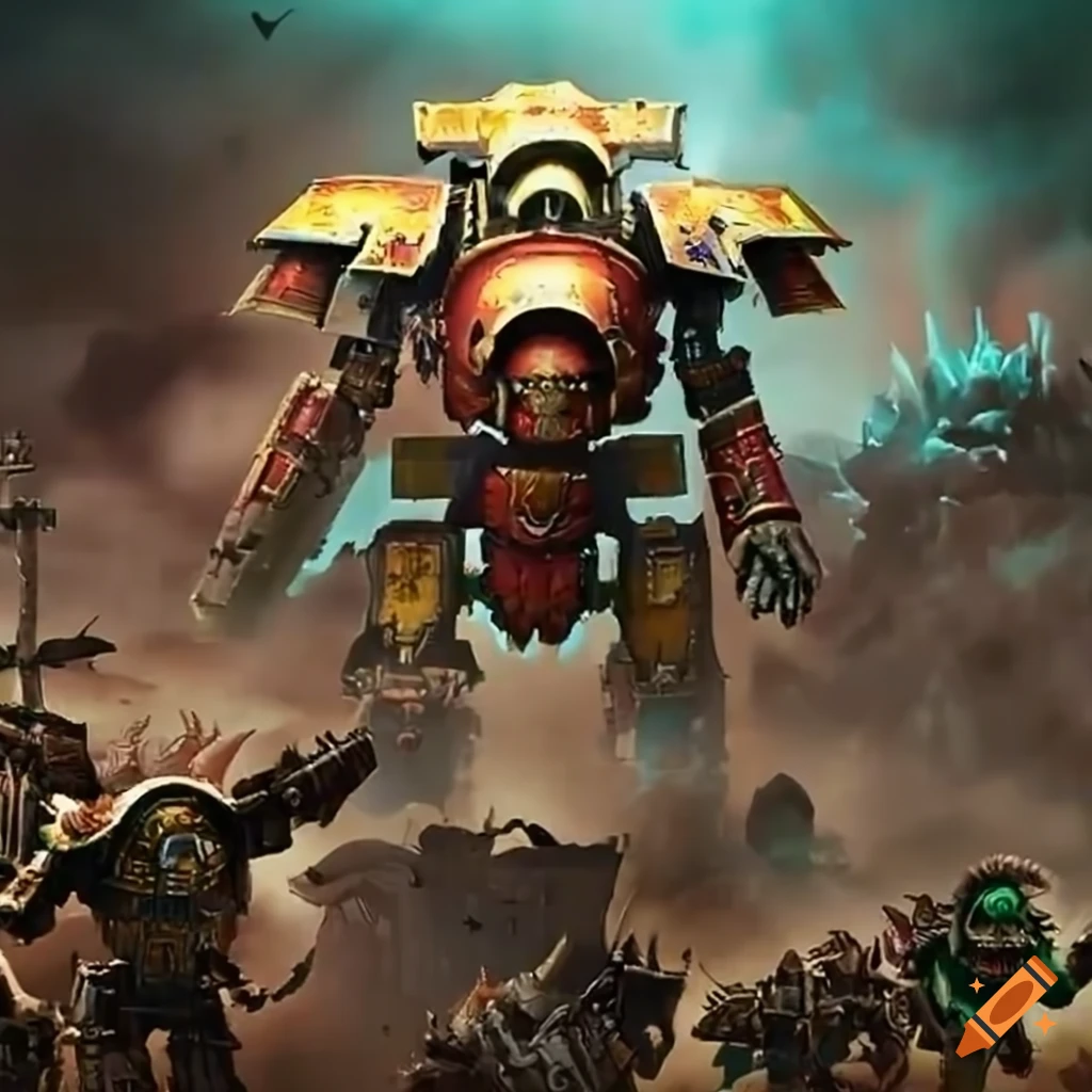 Warhammer battle scene with Imperator Titan and Ork Stompa in epic clash