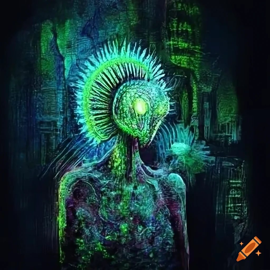 Biopunk Venus flytrap creature in a moss-covered cityscape with cybernetic medical technology
