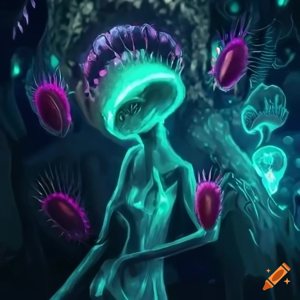 Biopunk Venus flytrap creature in a moss-covered cityscape with cybernetic medical technology