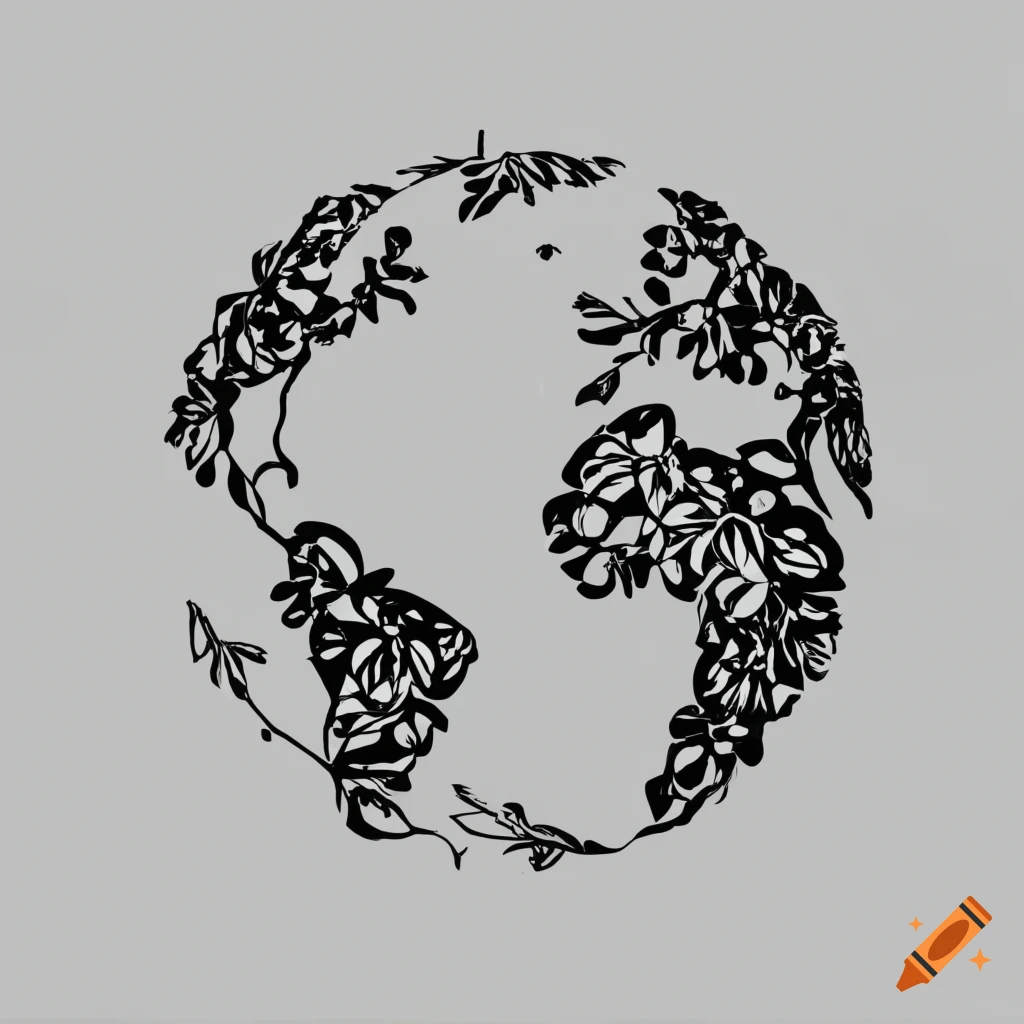 Minimalist black and white world map made of plants with countries