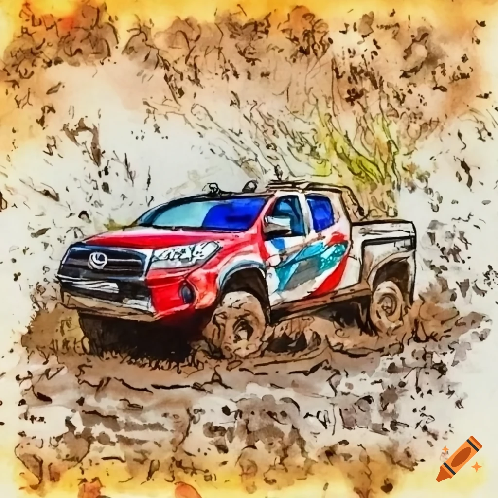 Toyota Gazoo 4x4 bakkie racing through mud in watercolour on Craiyon