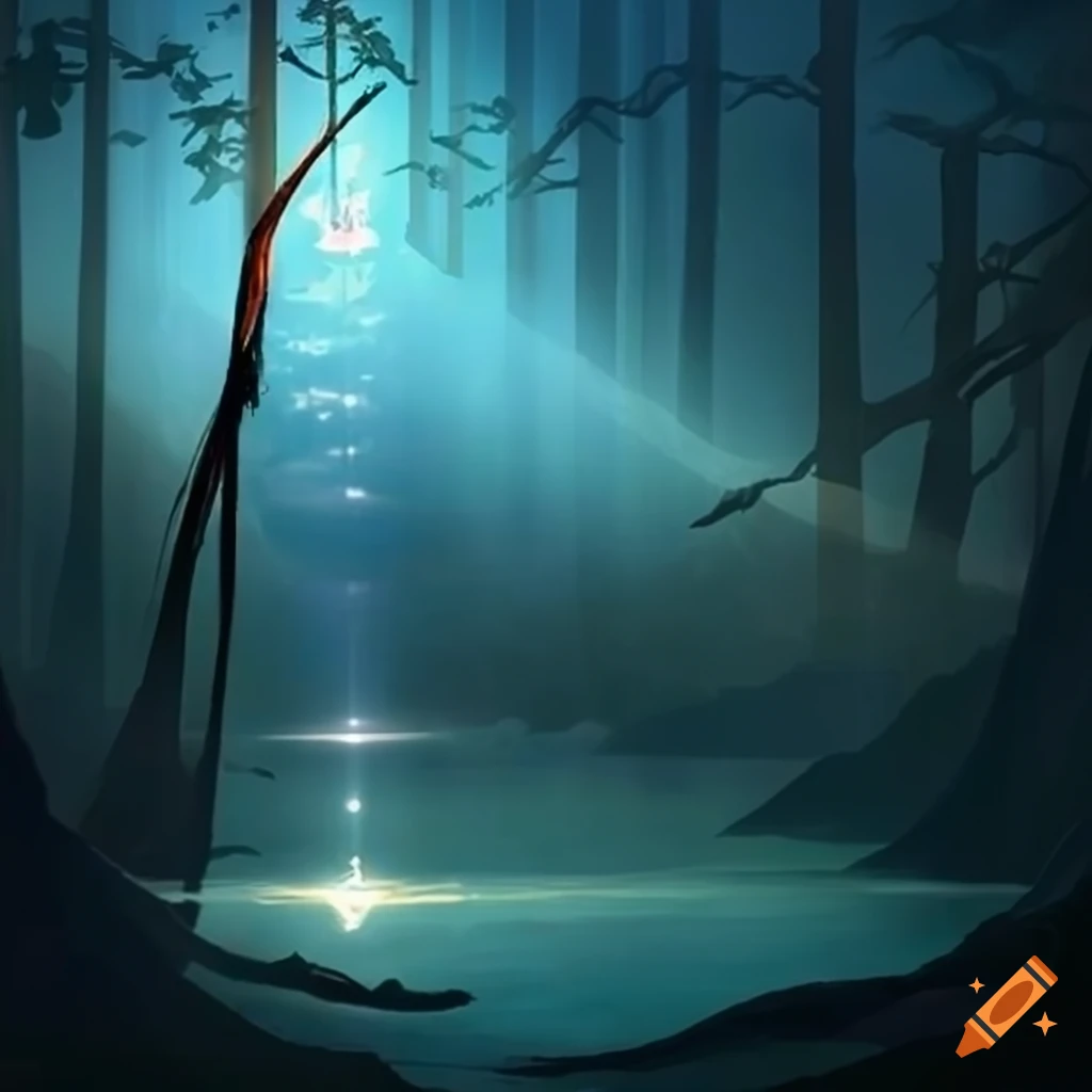 Special effect of god rays on a mountain lake for naturalism and awe