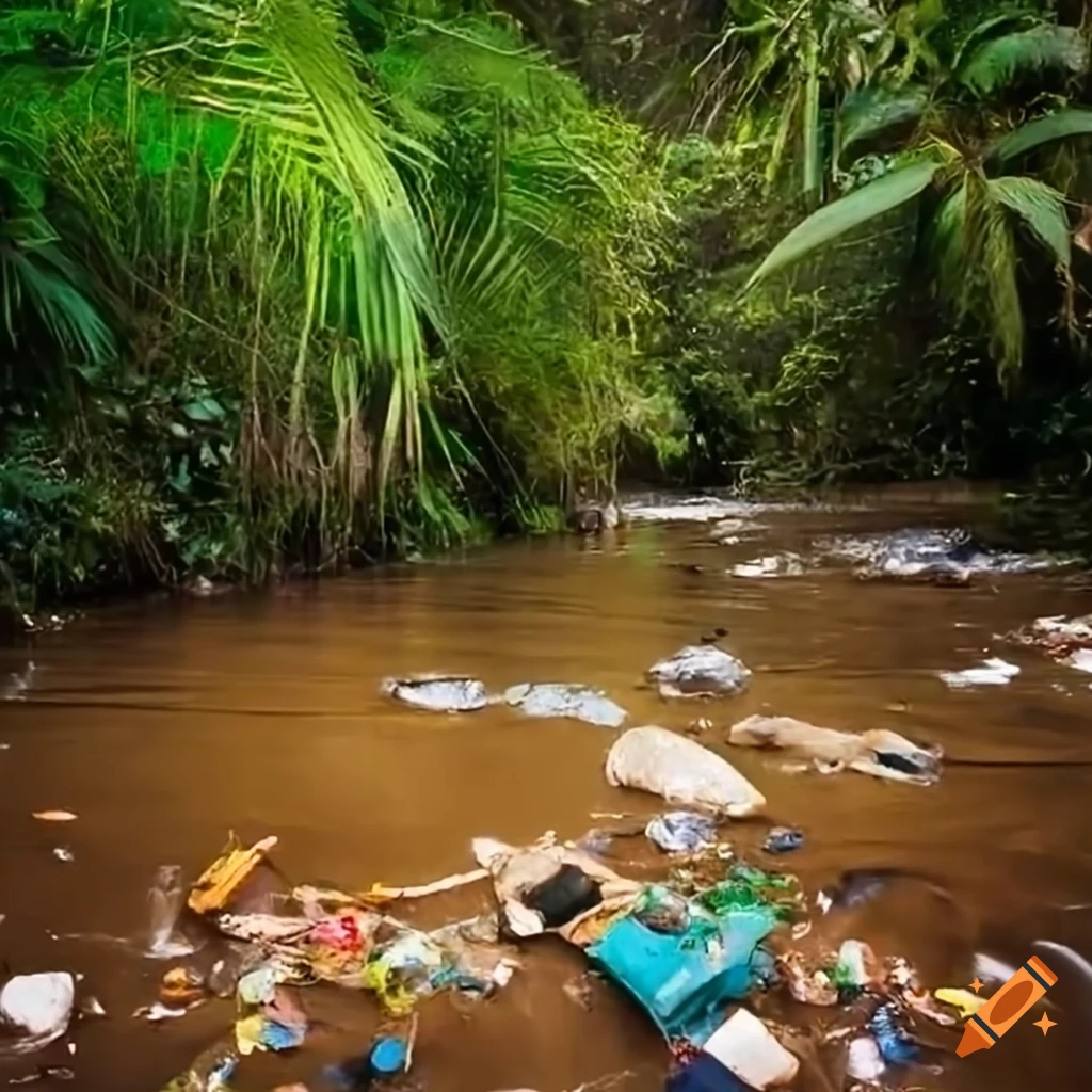 Tropical stream polluted with garbage and grass on the banks on Craiyon