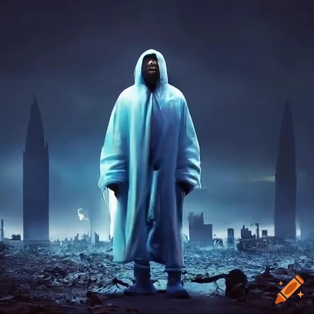 Iconic musician Kanye West in radiant robes against an explosive ...