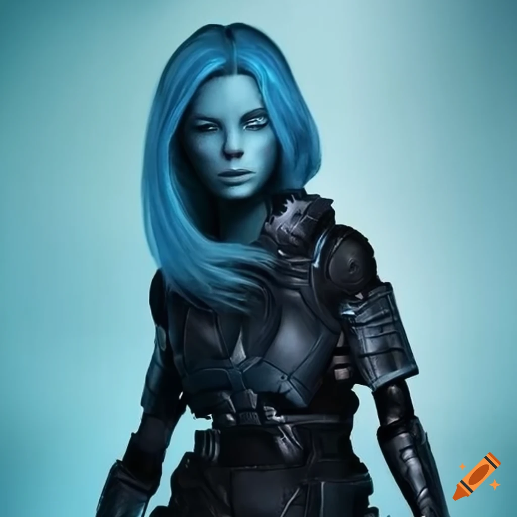Sci-fi android with blue skin and blonde hair on Craiyon