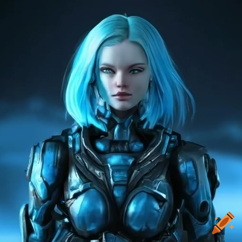 Sci-fi android with blue skin and blonde hair on Craiyon