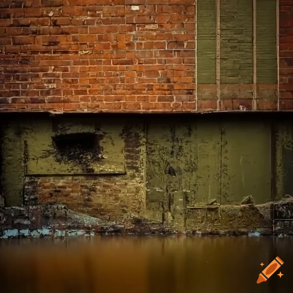 Flooded crumbling brick industrial doorway with abandoned metal under the water in a gold-orange fog