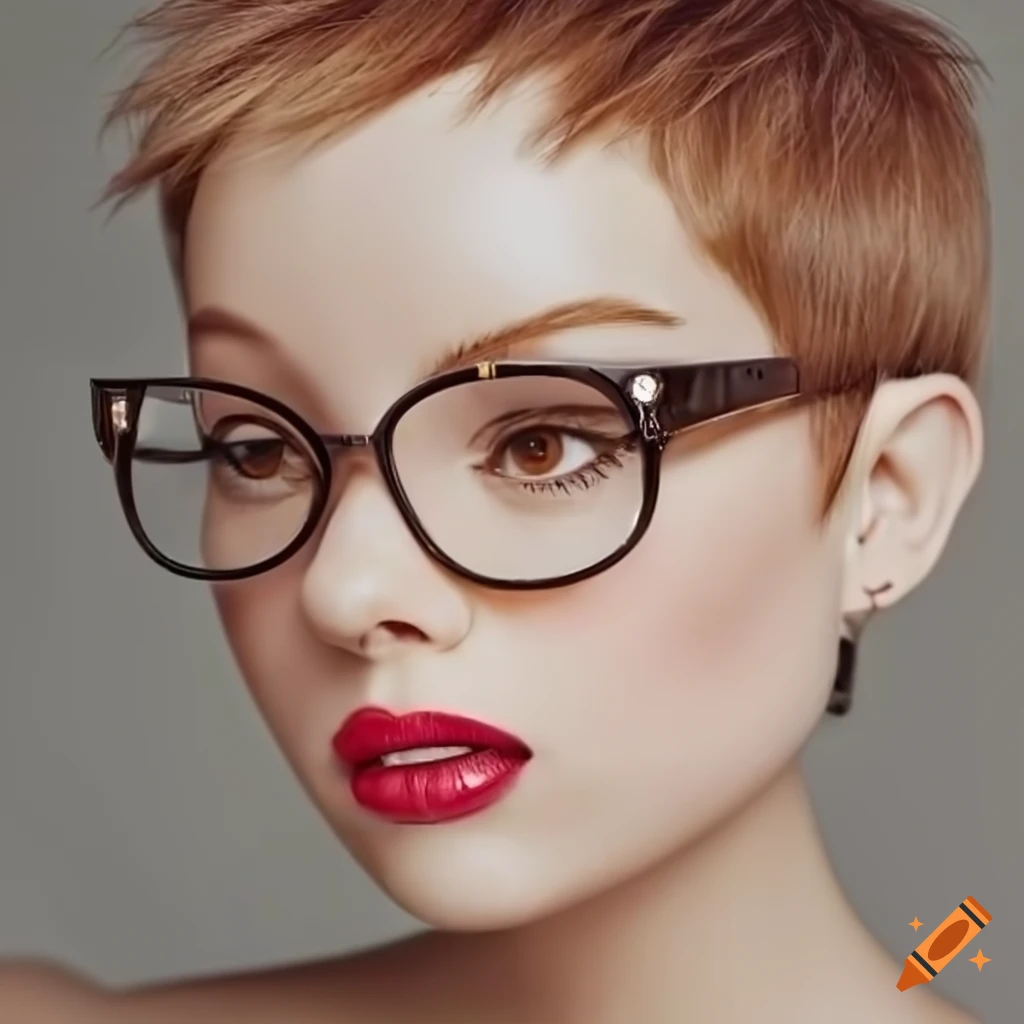Cartoon character with pixie cut brown hair, glasses, and pearls on Craiyon