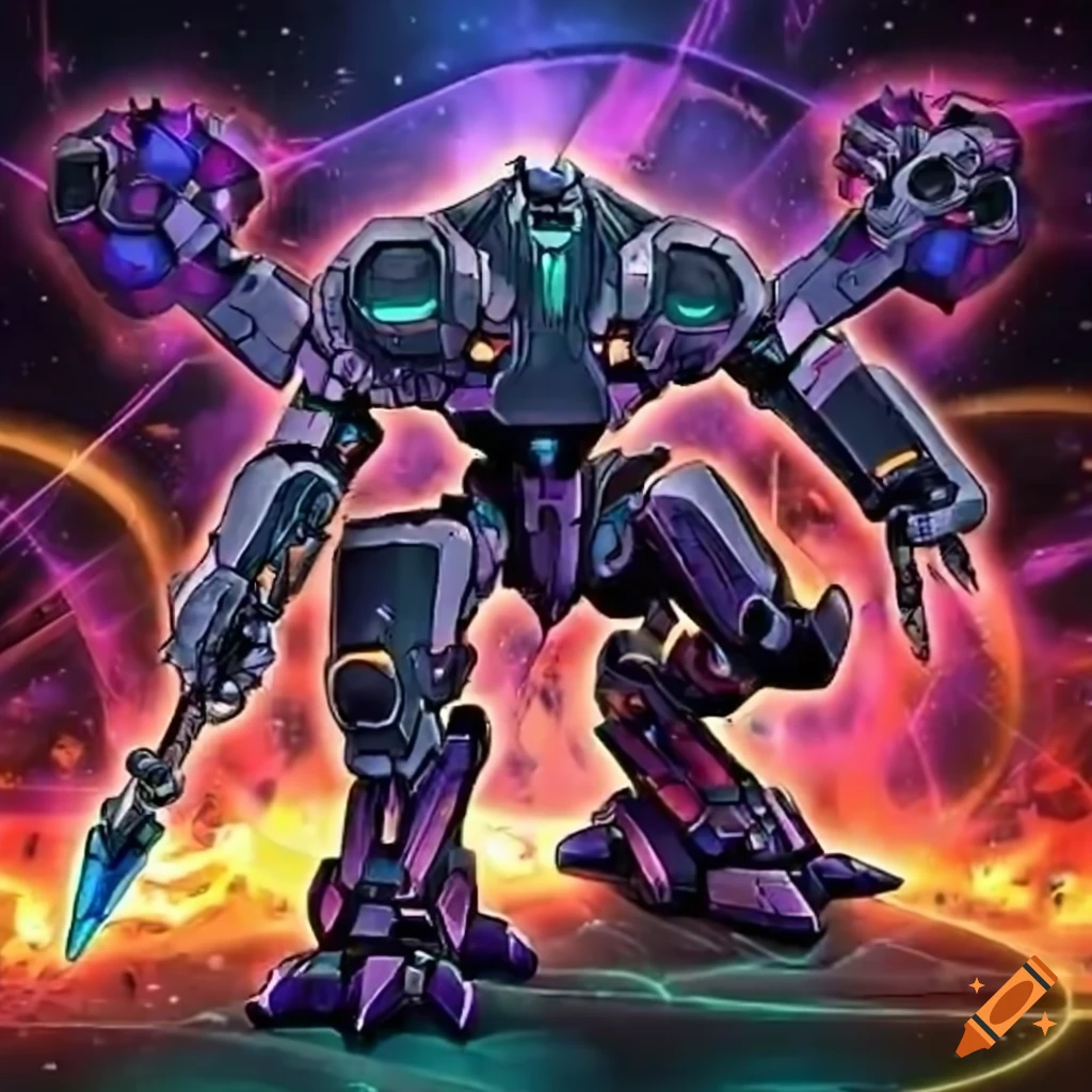 Mecha robots in an epic space battle with a Yu-Gi-Oh style