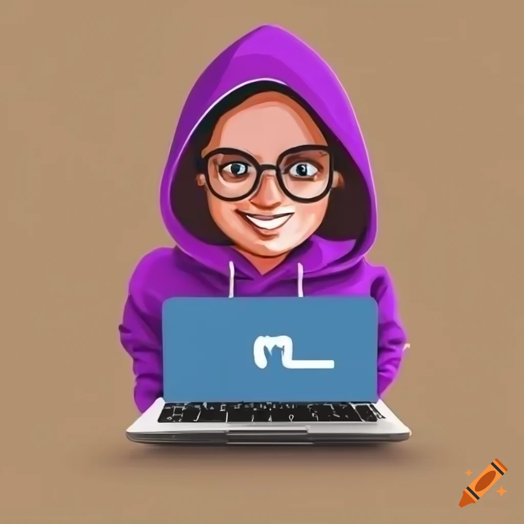 Cartoon indian woman with hoodie and glasses smiling while working on ...