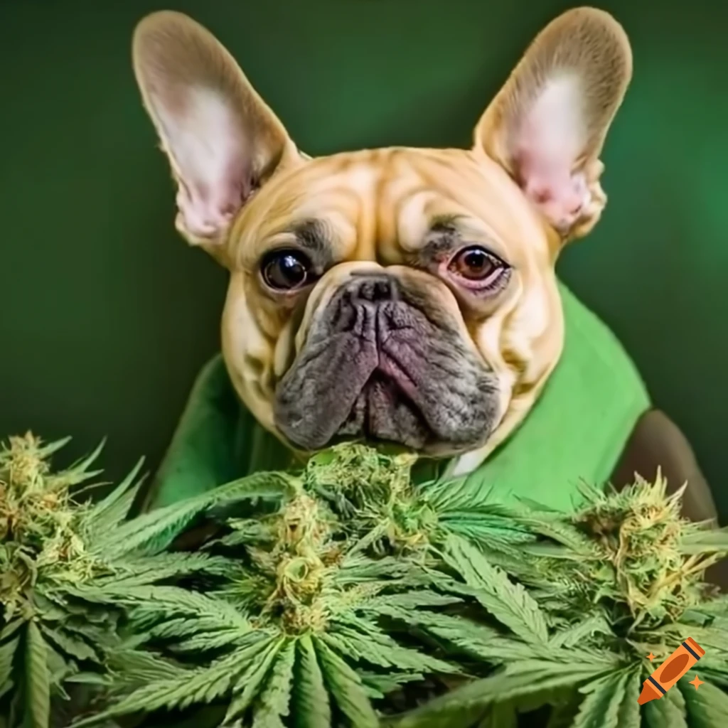 French bulldog in a green house with cannabis plants
