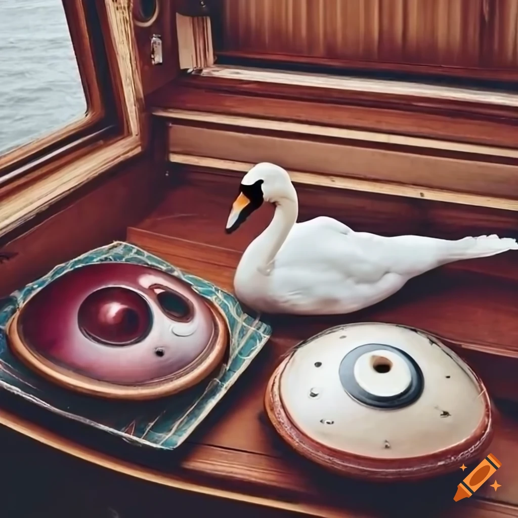 Sailboat interior with a handpan by a window overlooking canals and swans