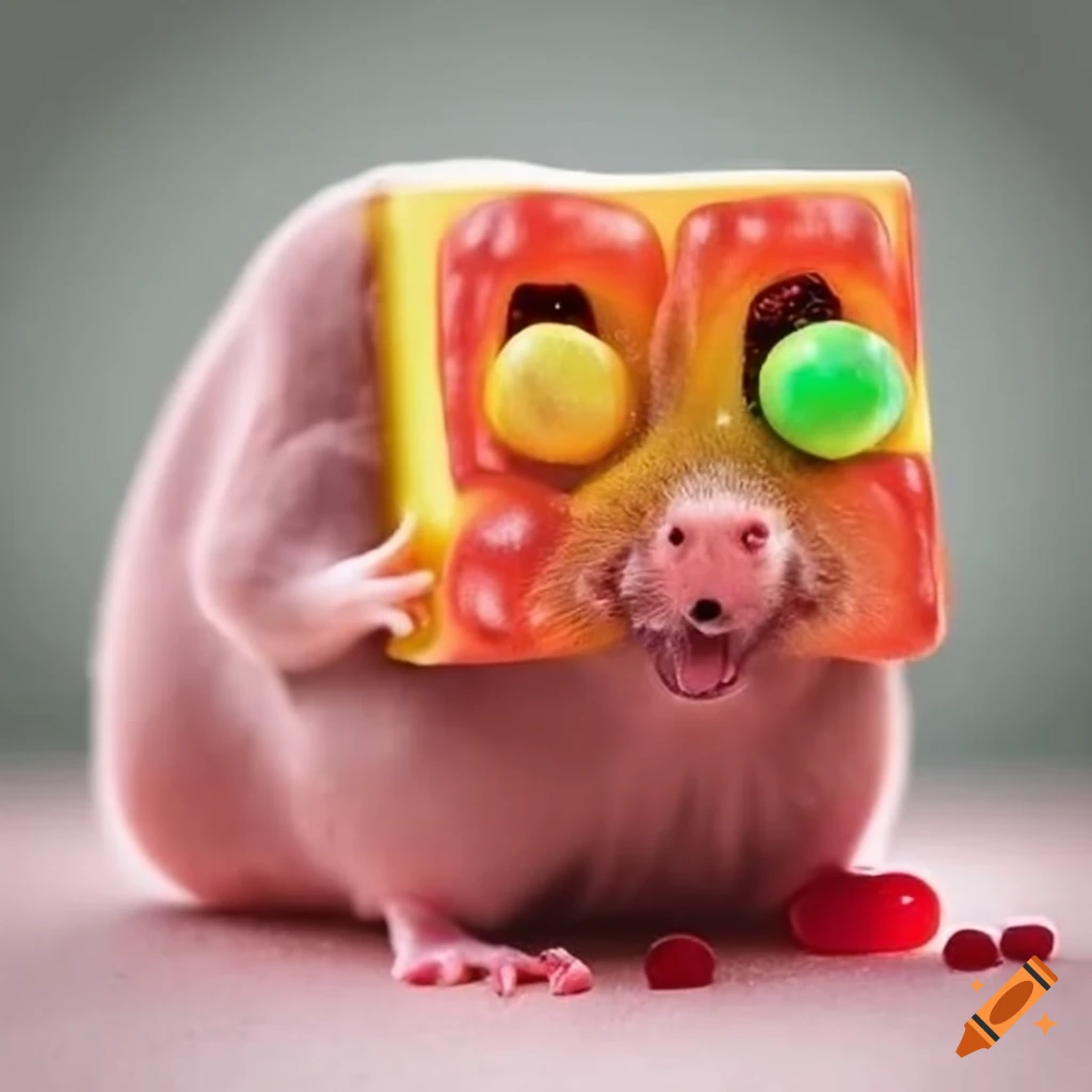 Jelly belly candy rat gummi running for a cube on Craiyon
