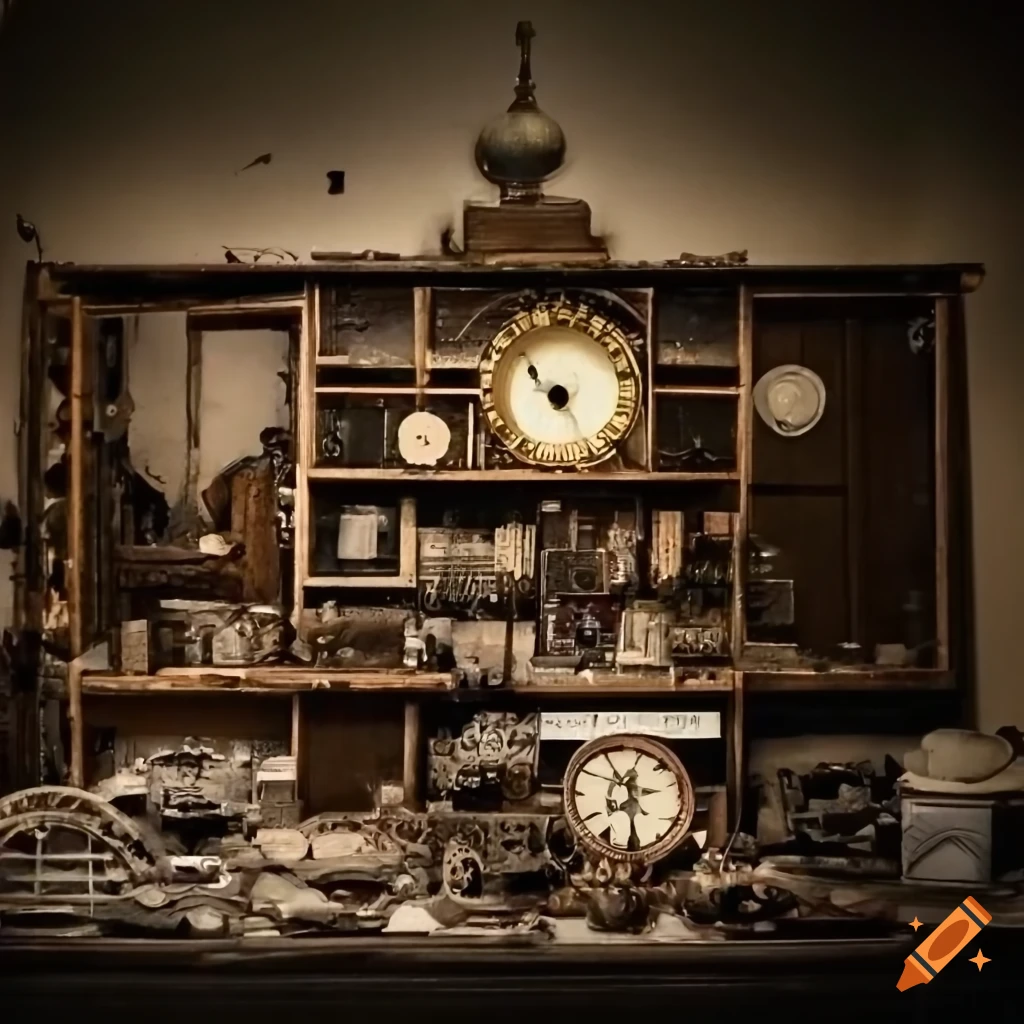 1930s clock shop basement with scattered clock parts and gears on Craiyon