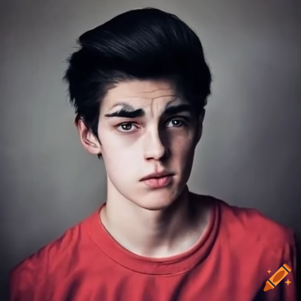 University student athlete with black hair in red shirt and jeans on