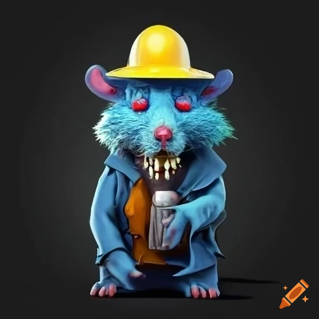 Cute Undead Rat With Blue Fur Wearing A Hardhat And Trenchcoat Holding A Flask On Craiyon 4237