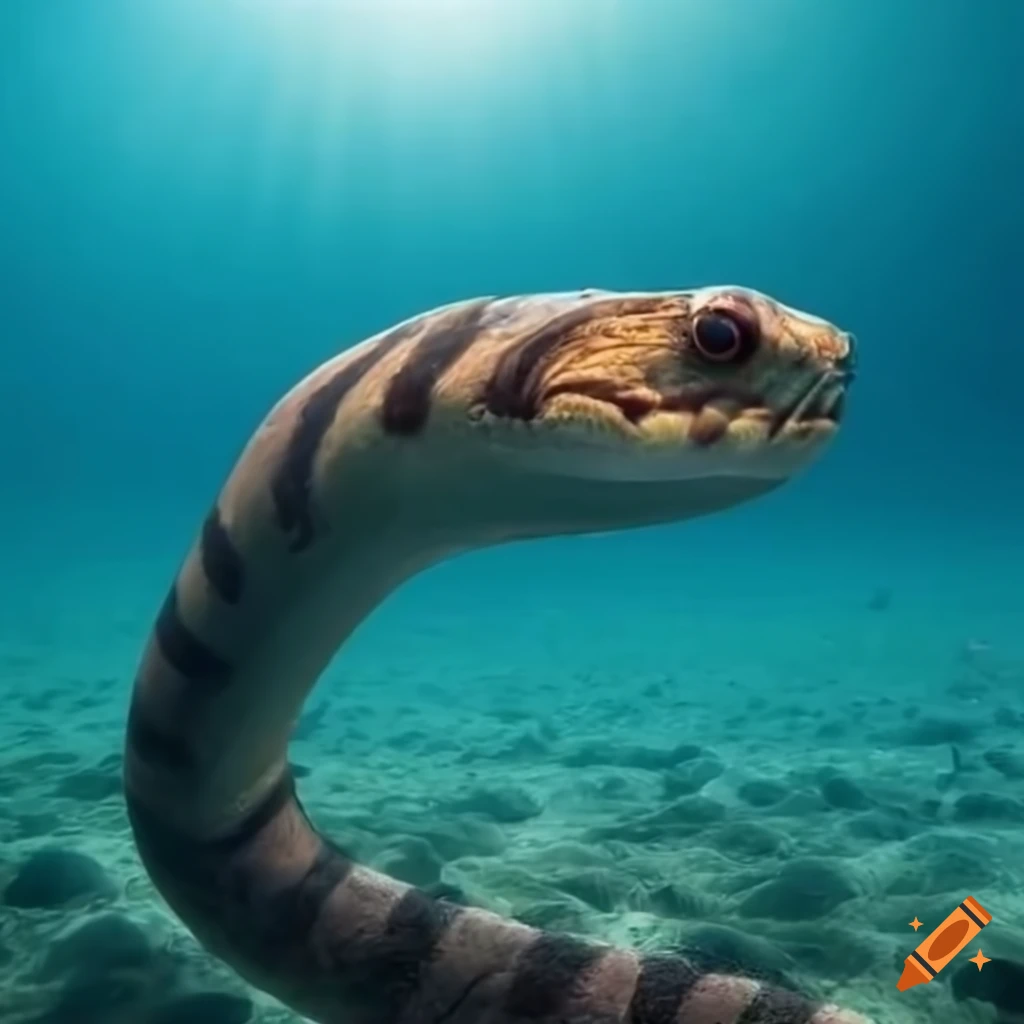 Underwater sea serpent swimming in the depths of the ocean