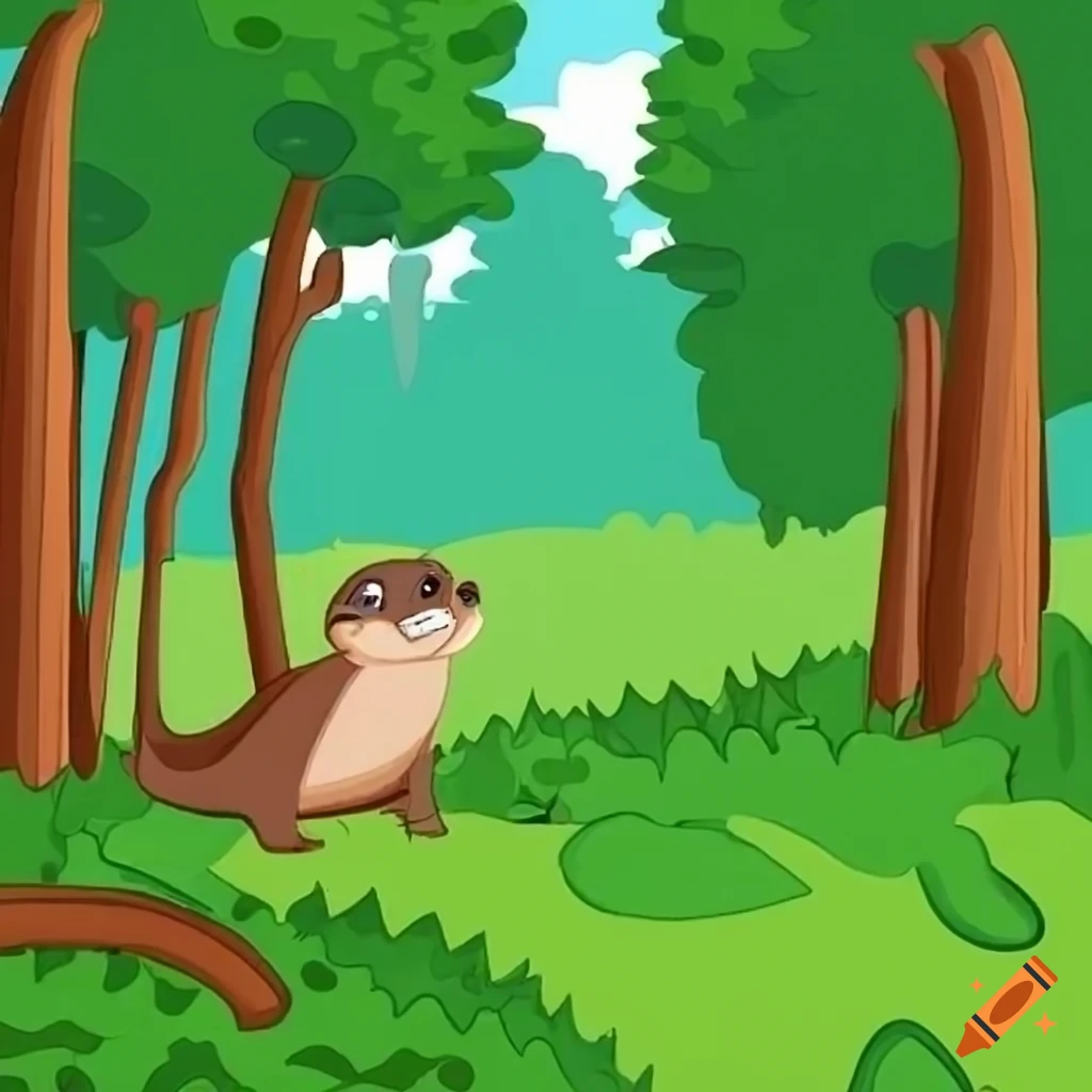 Cartoon rainforest scene with a small otter in the background