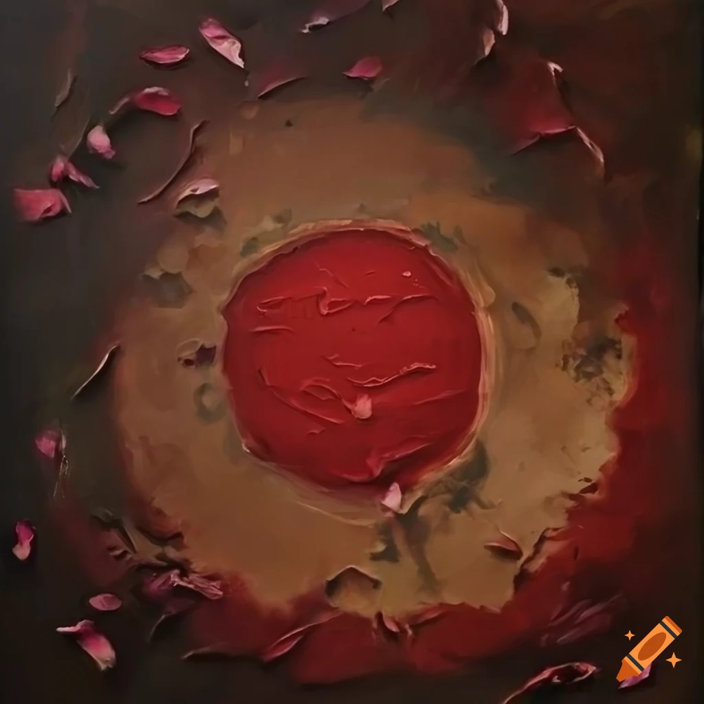 Dark red oil painting of a dirt circle in sunlight with dead rose