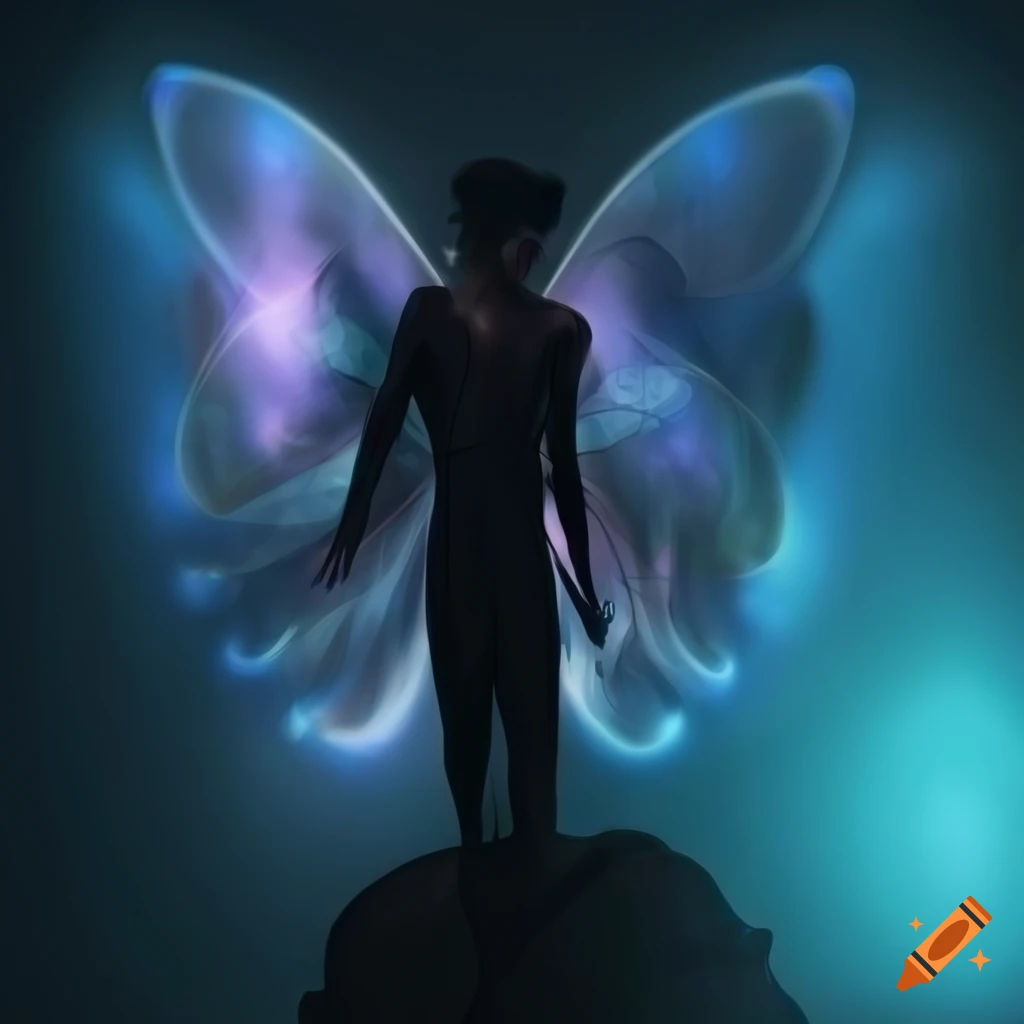 Male fairy with black hair and blue eyes in a ray of light with shimmering wings