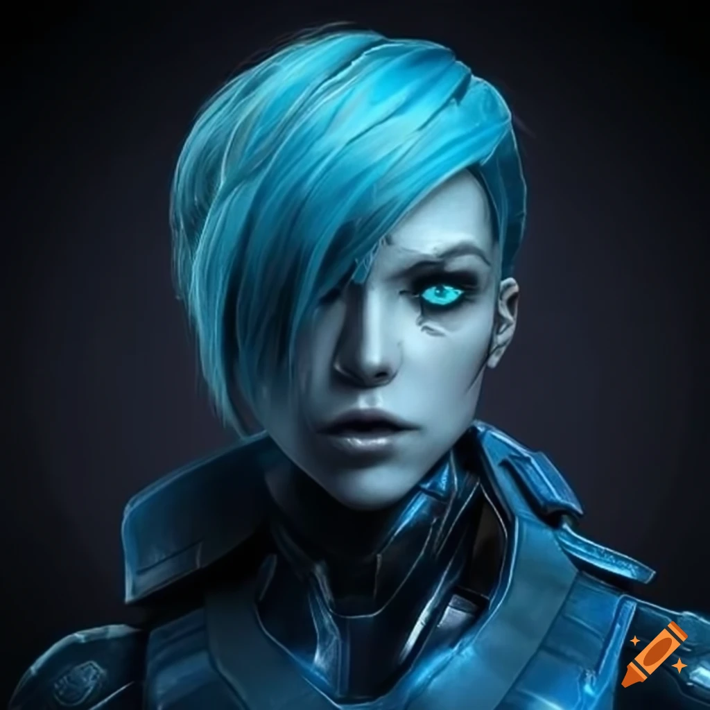 Sci-fi android with blue skin and blonde hair on Craiyon