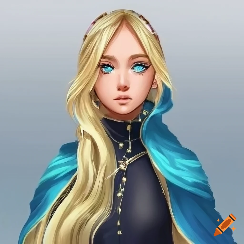 Vividly colored fantasy art of regal young woman with blonde hair and green eyes in black cloak