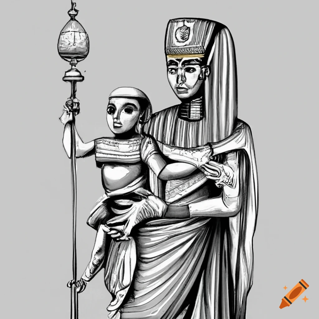 Egyptian priest holding a baby near the pyramid