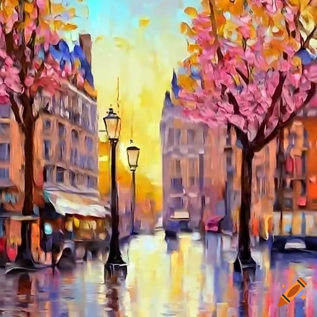 Parisian street with blooming trees and